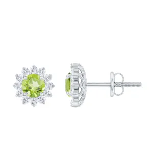 1 CT Peridot and Diamond Flower Halo Stud Earrings