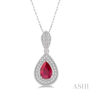 1/10 Ctw Pear Shape 6x4 MM Ruby & Round Cut Diamond Precious Pendant With Chain in 10K White Gold