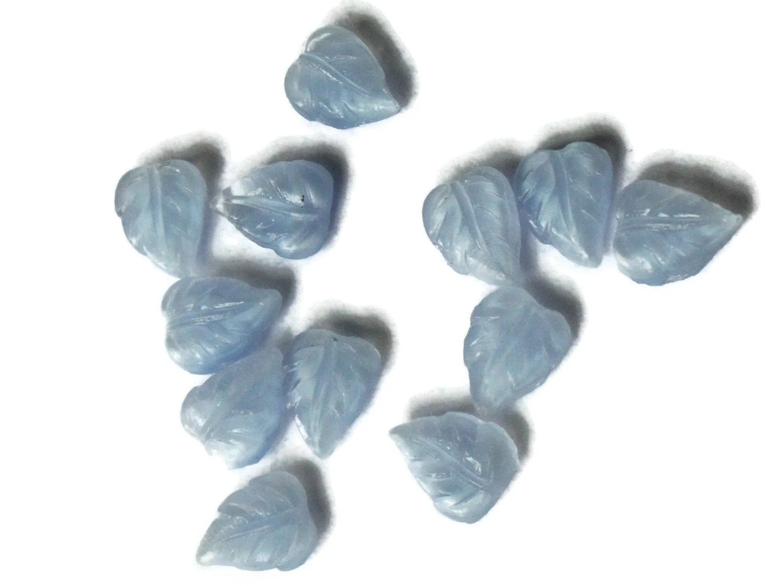 12 8mm x 6mm Blue Moonstone Leaf Cabochons - Tiny Little Leaves - Vintage Czech Glass Cabochons