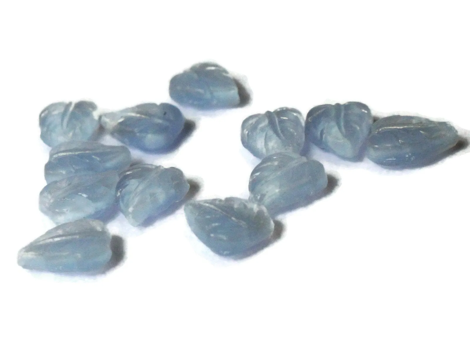 12 8mm x 6mm Blue Moonstone Leaf Cabochons - Tiny Little Leaves - Vintage Czech Glass Cabochons