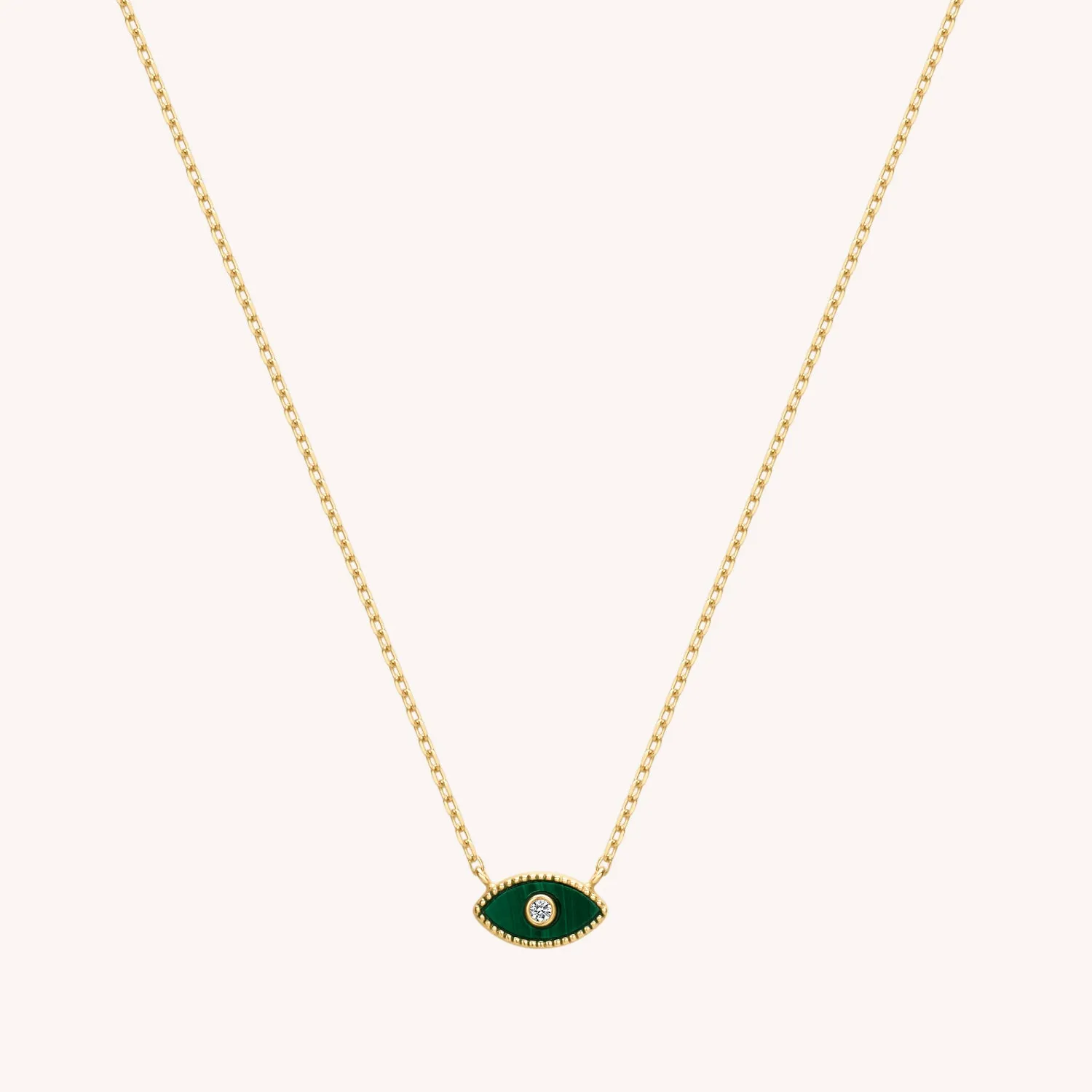 14K Solid Gold Diamond Tiny Malachite Evil Eye Necklace