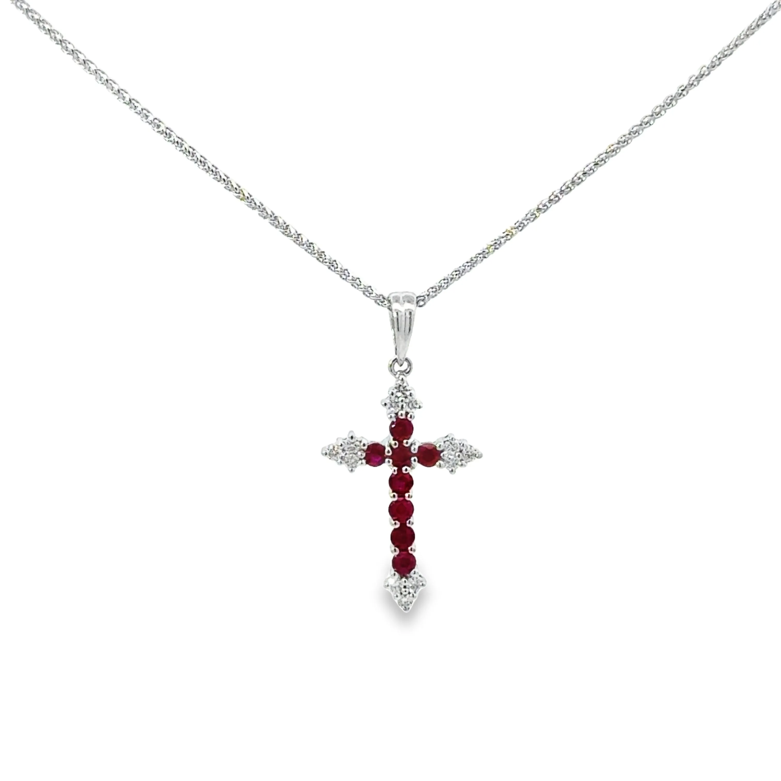 14k White Gold Ruby And Diamond Cross