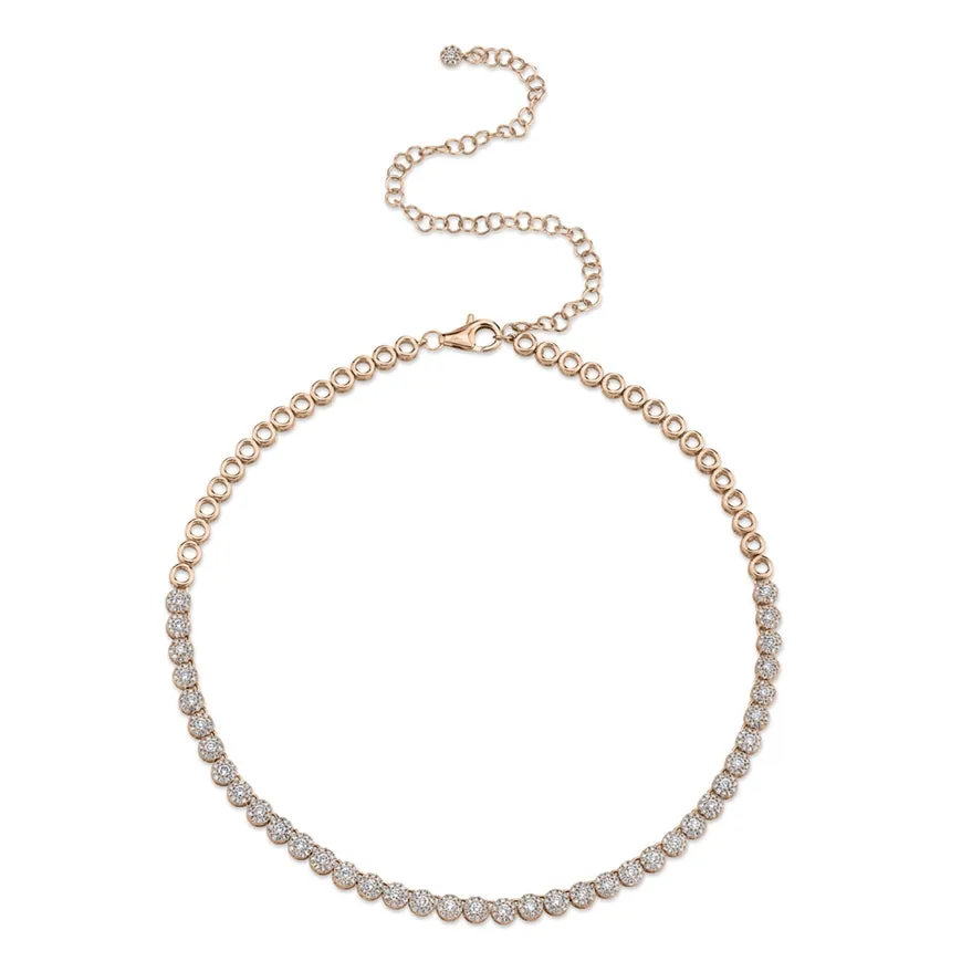 14K Yellow Gold Halo Diamond Choker Tennis Necklace