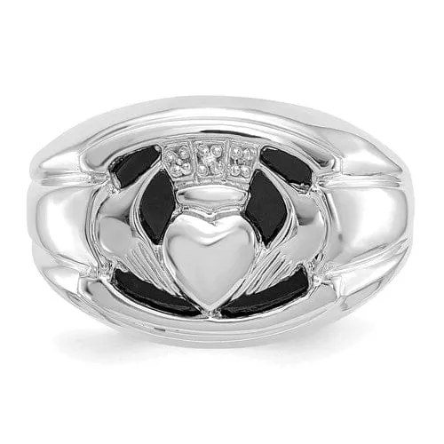 14kt White Gold Diamond Onyx Men's Claddagh Ring