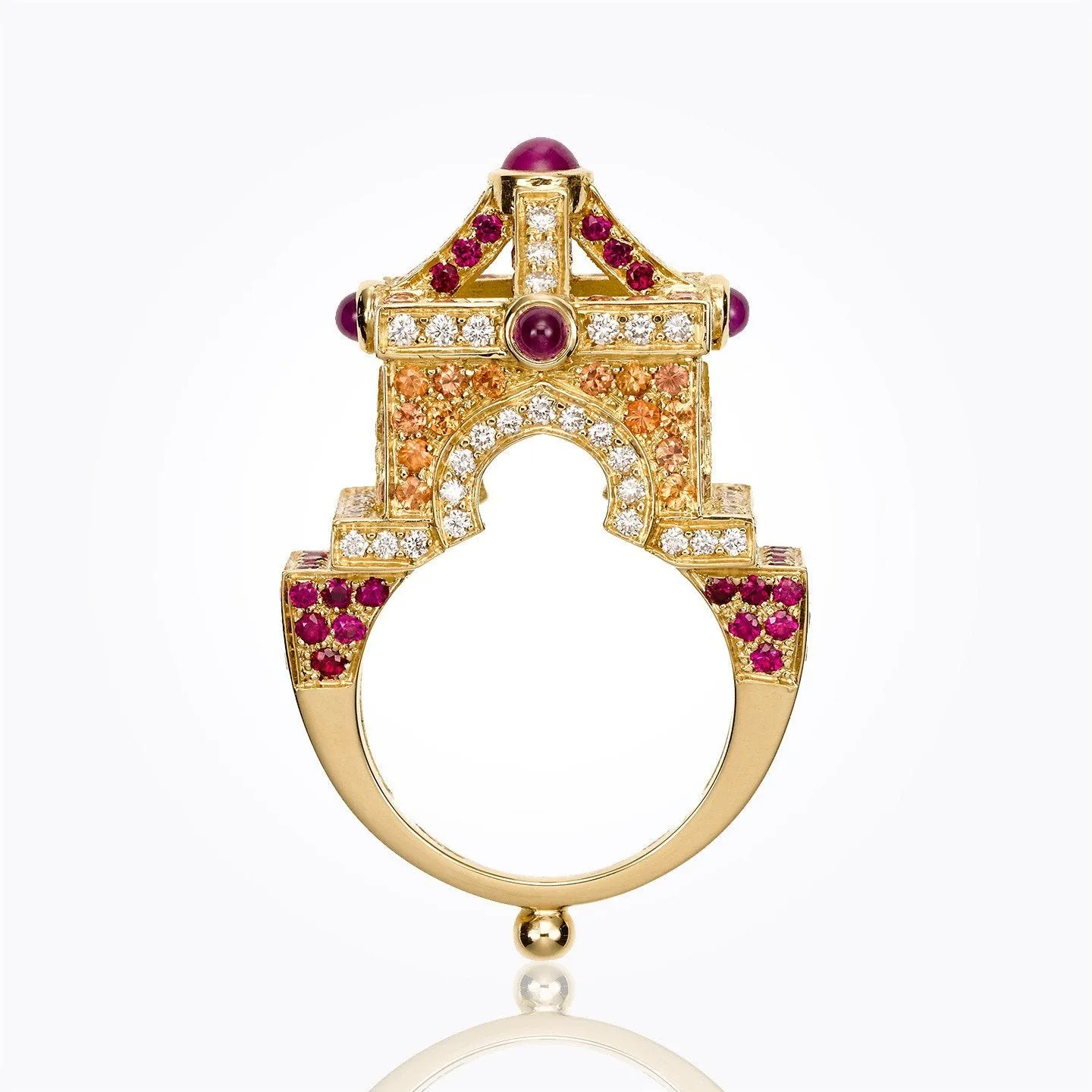 18K Stupa Ring with orange sapphire, ruby and diamond