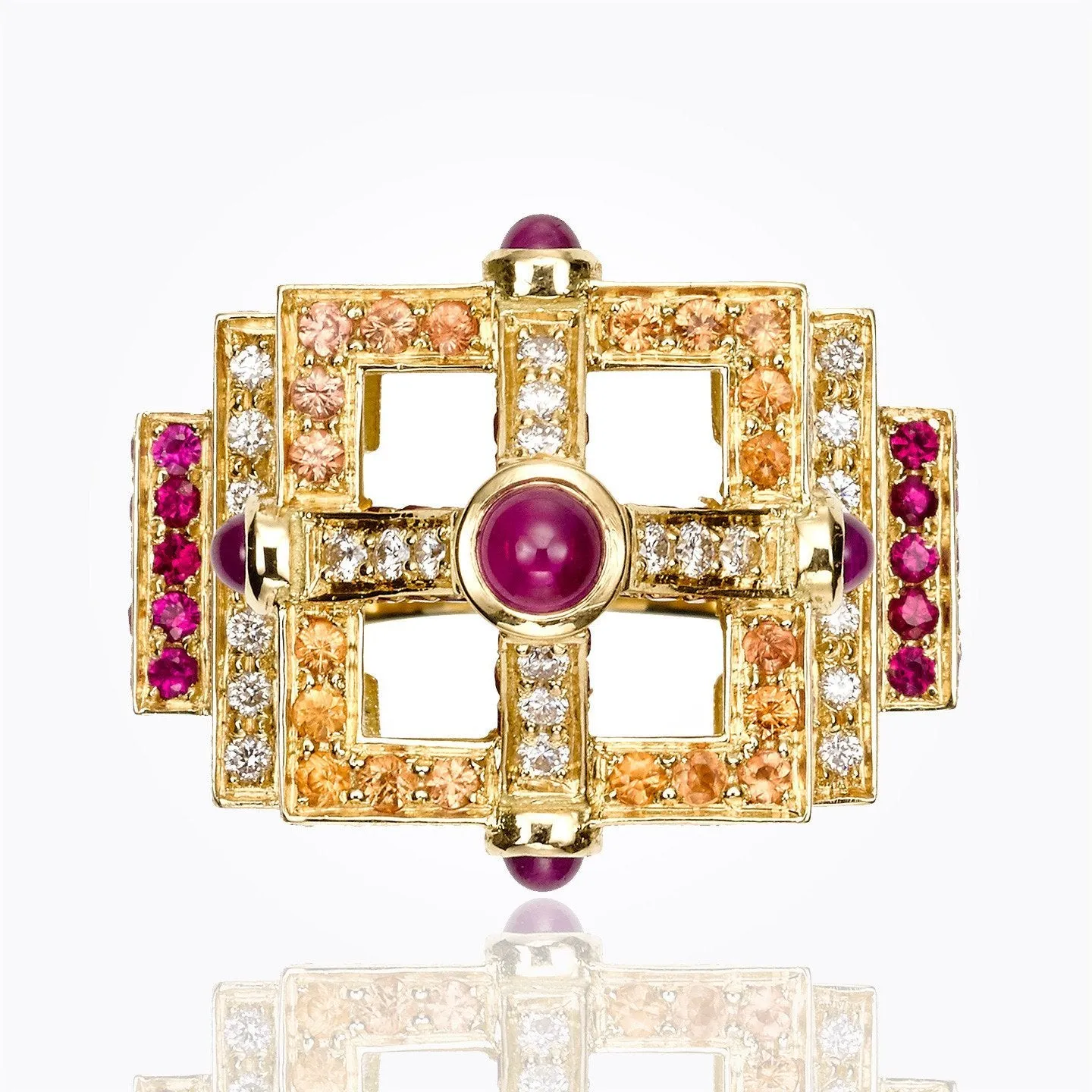 18K Stupa Ring with orange sapphire, ruby and diamond