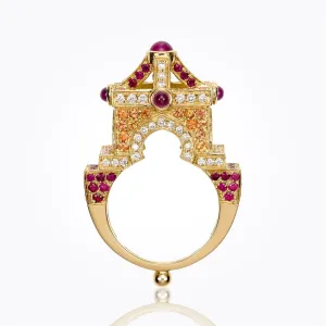 18K Stupa Ring with orange sapphire, ruby and diamond