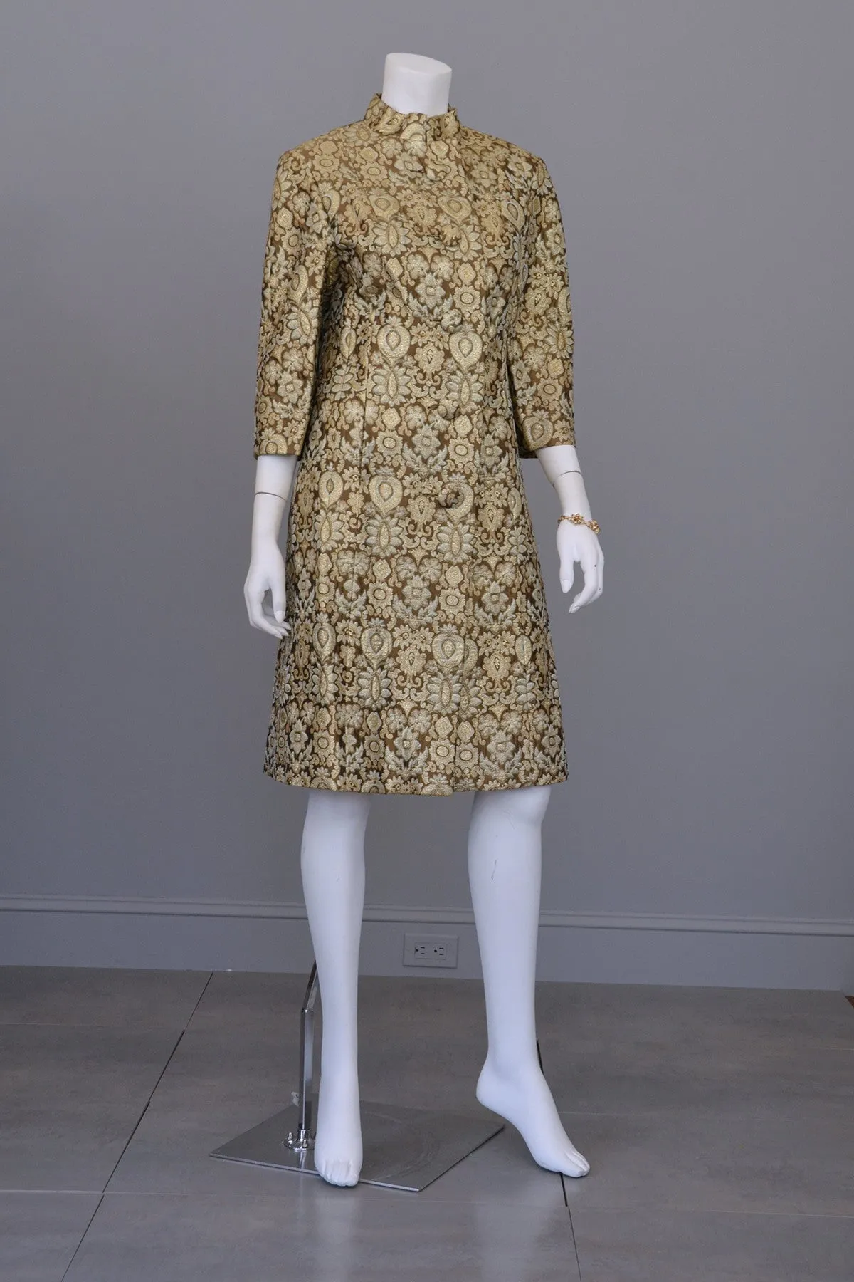 1960's Copper Bronze Brocade MOD Cocktail Evening Coat Mad Men, Size M/L