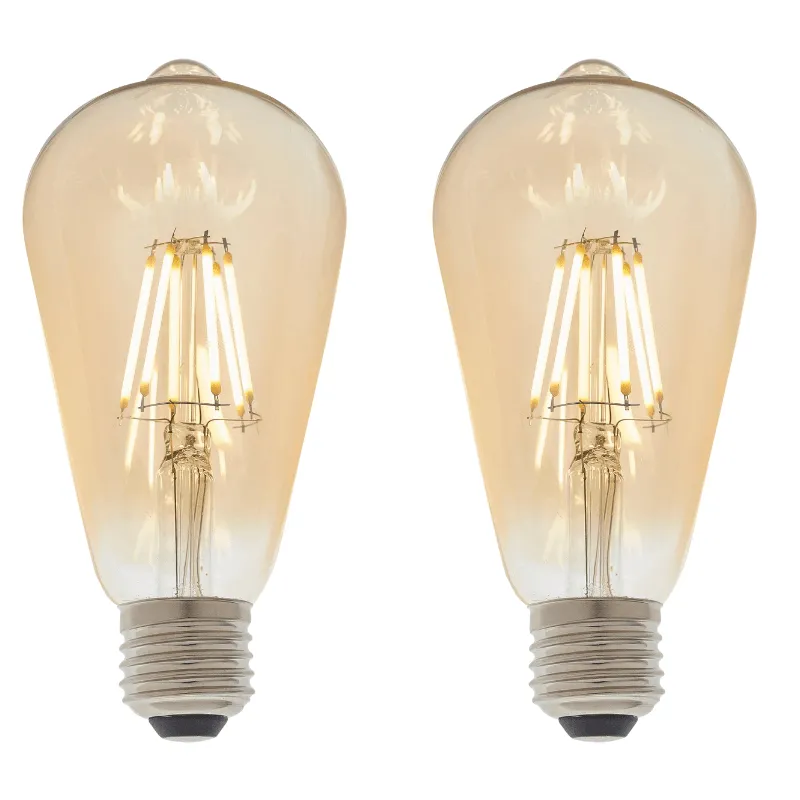 2 X E27 LED Filament Amber Pear Shaped Dimmable 6w Light Bulb