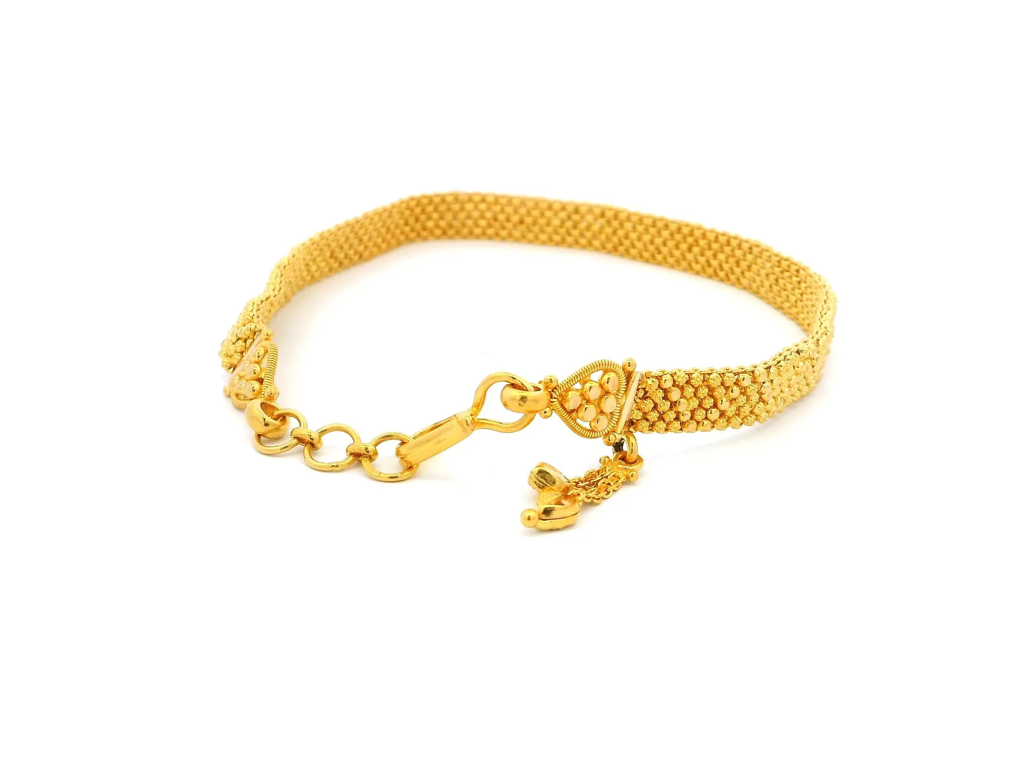 22ct Yellow Gold Flat Bracelet with Filigree Work Design & Charm | Elegant Gold Bracelet