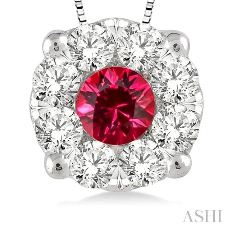 3.8 mm Round Cut Ruby and 1/3 Ctw Lovebright Pendant in 14K White Gold with Chain