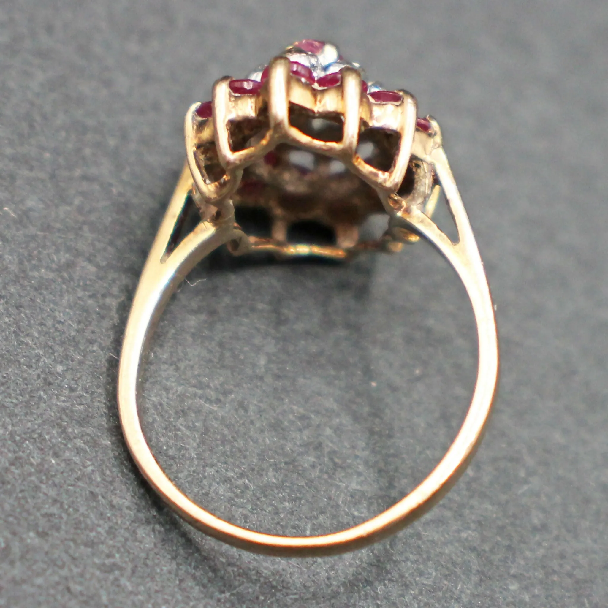 9ct gold ruby-diamond three tier cluster ring