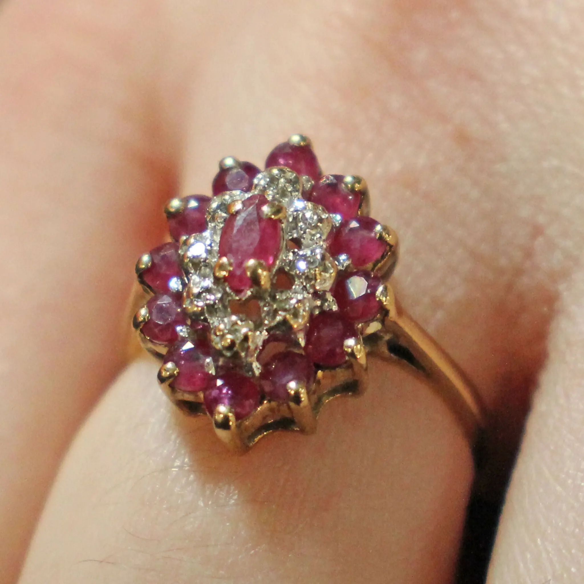 9ct gold ruby-diamond three tier cluster ring