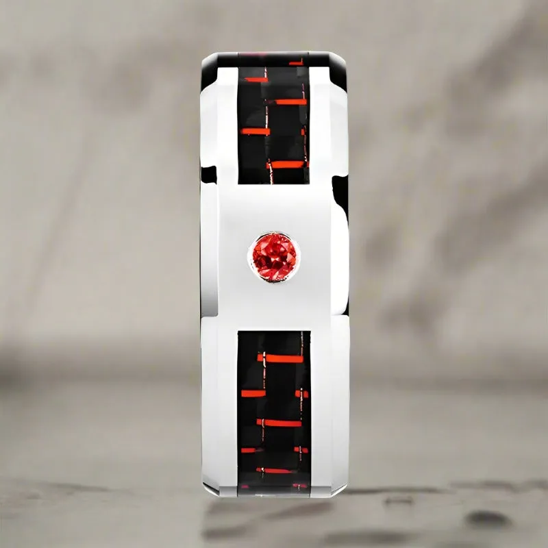 ADRIAN | Silver Tungsten Ring, Red Ruby Stone, Red & Black Carbon Fiber Inlay, Beveled