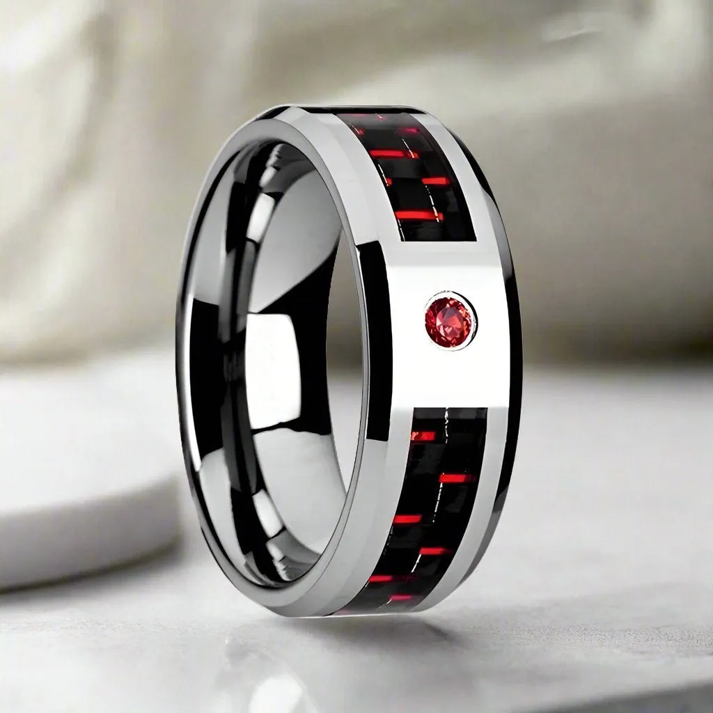 ADRIAN | Silver Tungsten Ring, Red Ruby Stone, Red & Black Carbon Fiber Inlay, Beveled