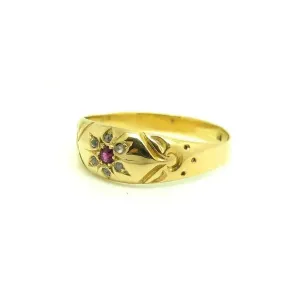 Antique Victorian (1837-1901) Diamond & Ruby 18ct Yellow Gold Ring (Size: T)