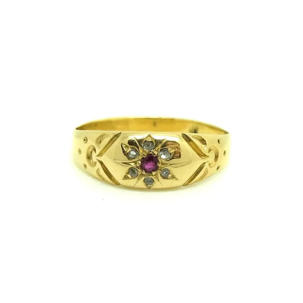 Antique Victorian (1837-1901) Diamond & Ruby 18ct Yellow Gold Ring (Size: T)