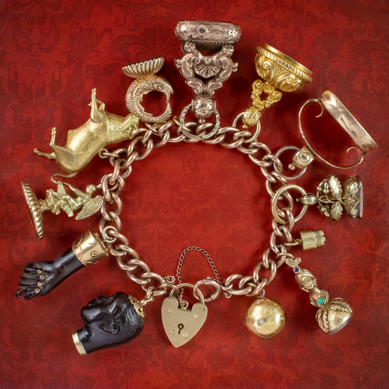 Antique Victorian Charm Bracelet With 12 Charms And Fobs