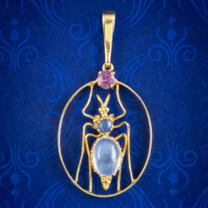 Antique Victorian Moonstone Amethyst Sapphire Insect Pendant 15ct Gold