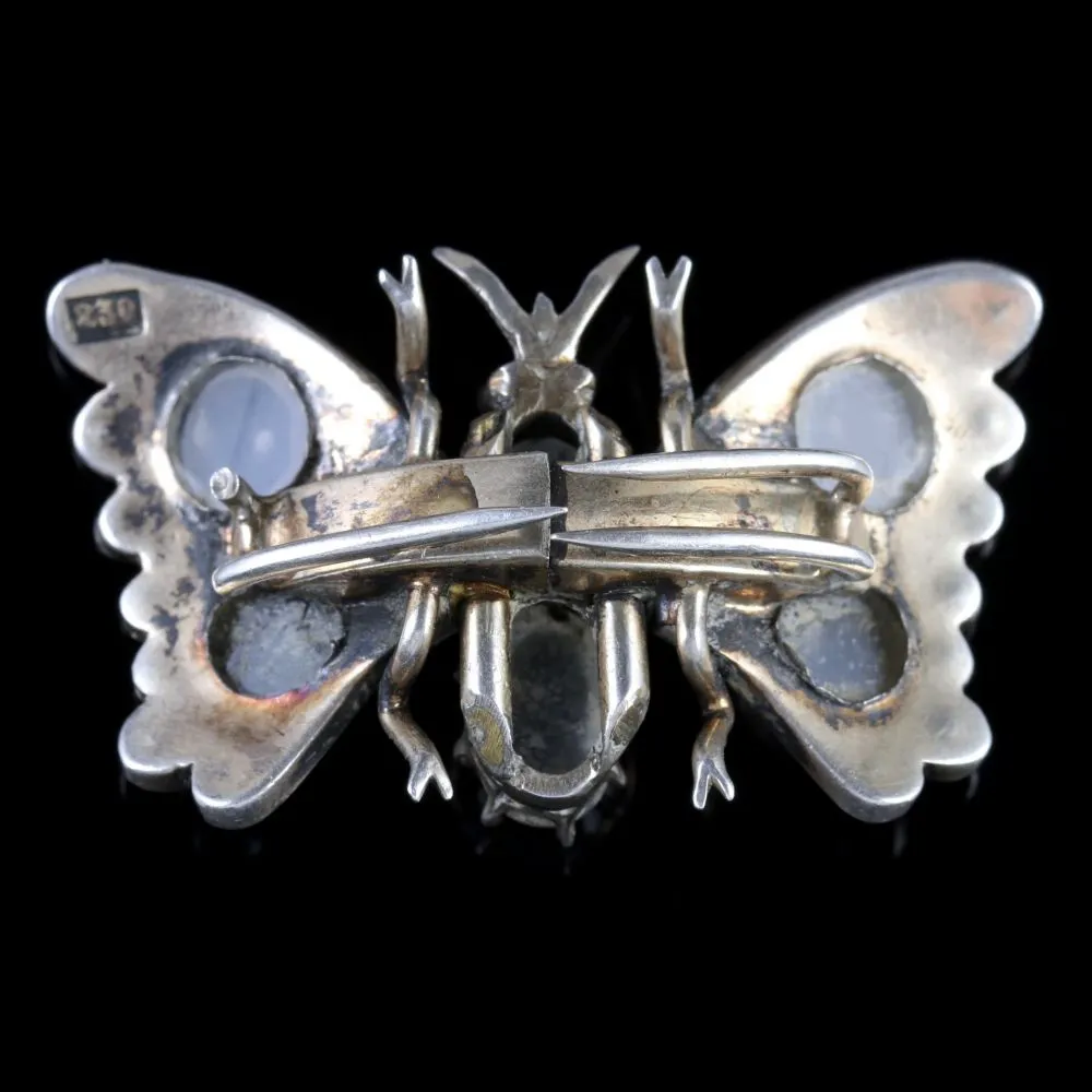 Antique Victorian Moonstone Pearl Garnet Butterfly Brooch Circa 1880