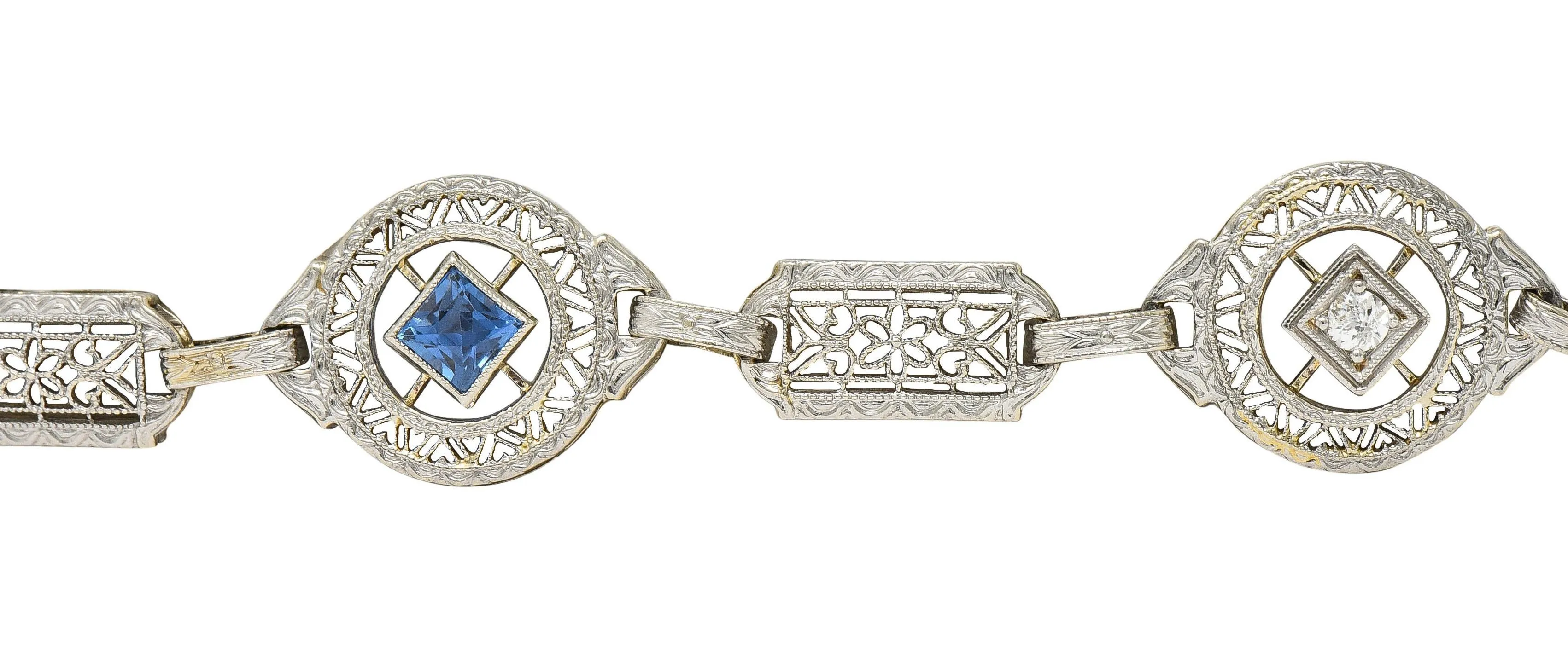 Art Deco 1.36 CTW Sapphire Diamond 14 Karat White Gold Vintage Heart Filigree Bracelet