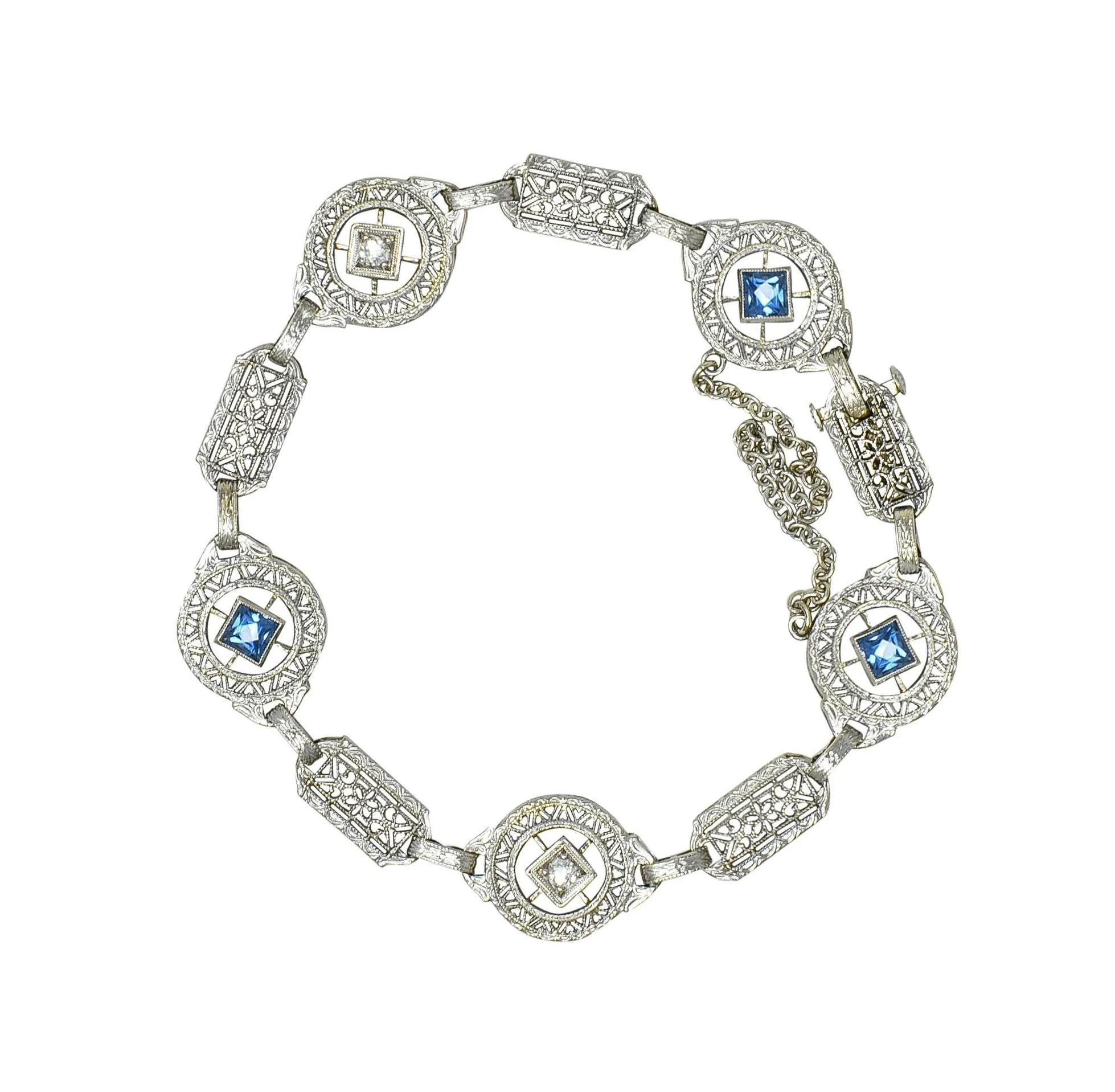 Art Deco 1.36 CTW Sapphire Diamond 14 Karat White Gold Vintage Heart Filigree Bracelet