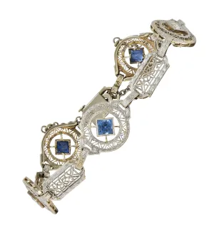 Art Deco 1.36 CTW Sapphire Diamond 14 Karat White Gold Vintage Heart Filigree Bracelet