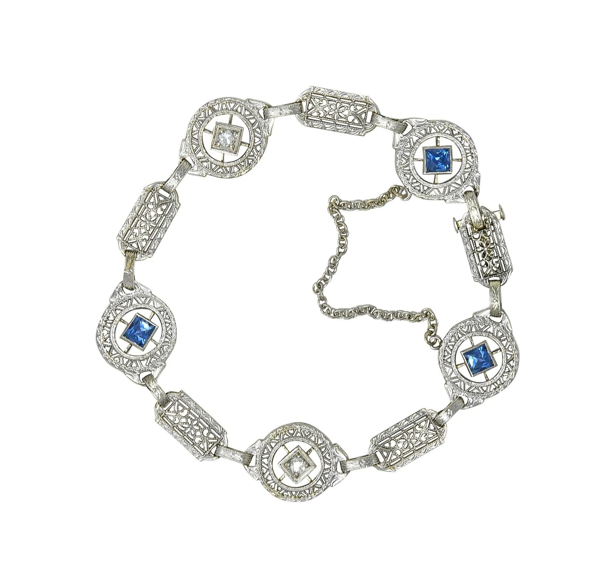 Art Deco 1.36 CTW Sapphire Diamond 14 Karat White Gold Vintage Heart Filigree Bracelet