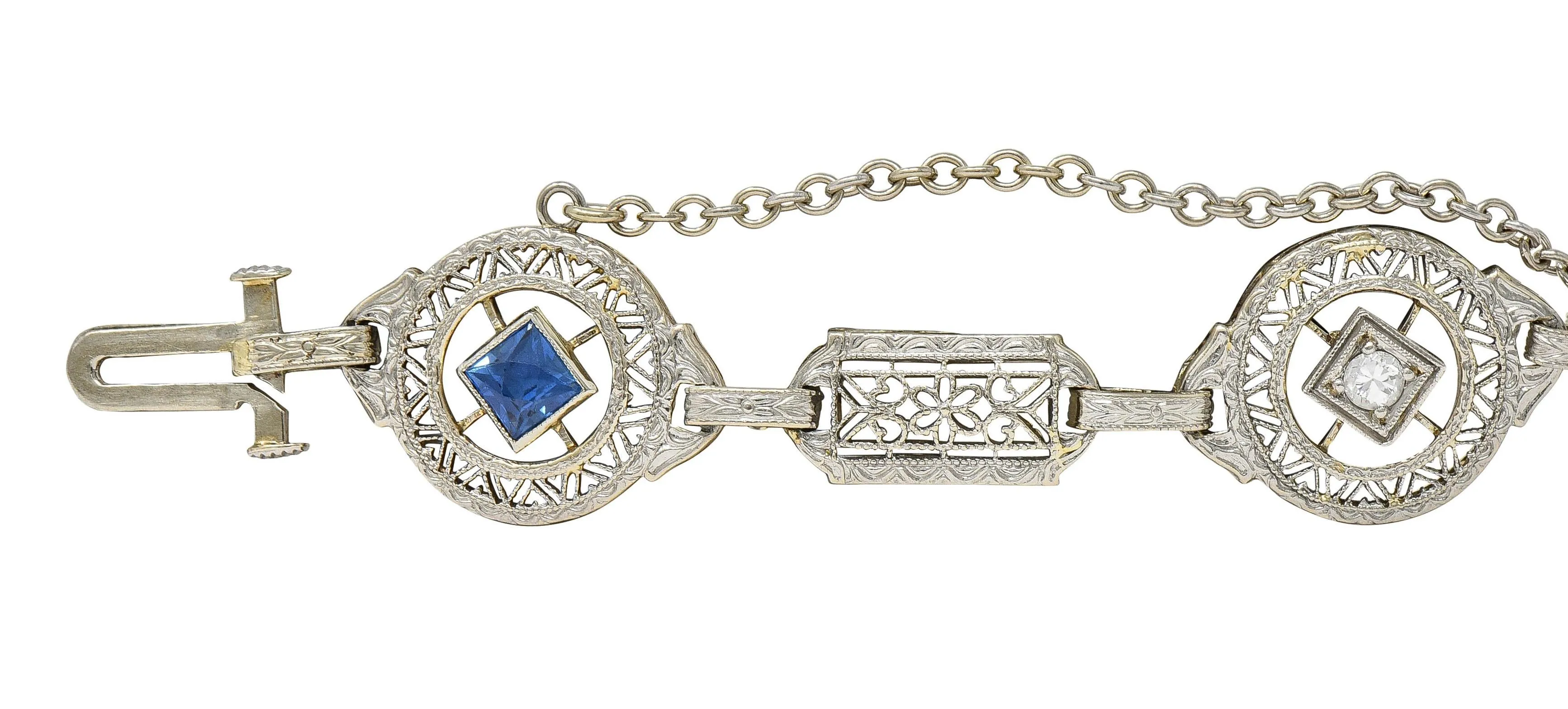 Art Deco 1.36 CTW Sapphire Diamond 14 Karat White Gold Vintage Heart Filigree Bracelet