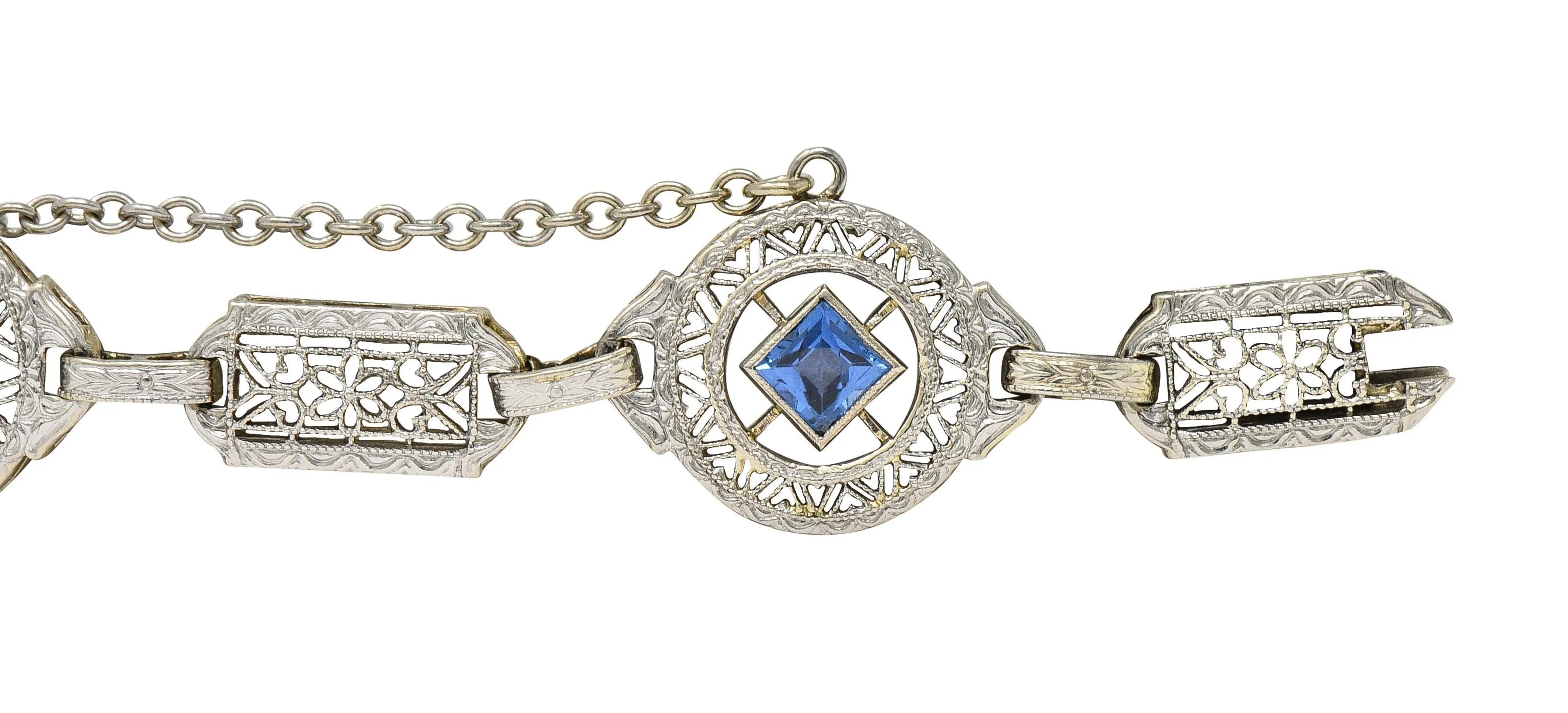 Art Deco 1.36 CTW Sapphire Diamond 14 Karat White Gold Vintage Heart Filigree Bracelet