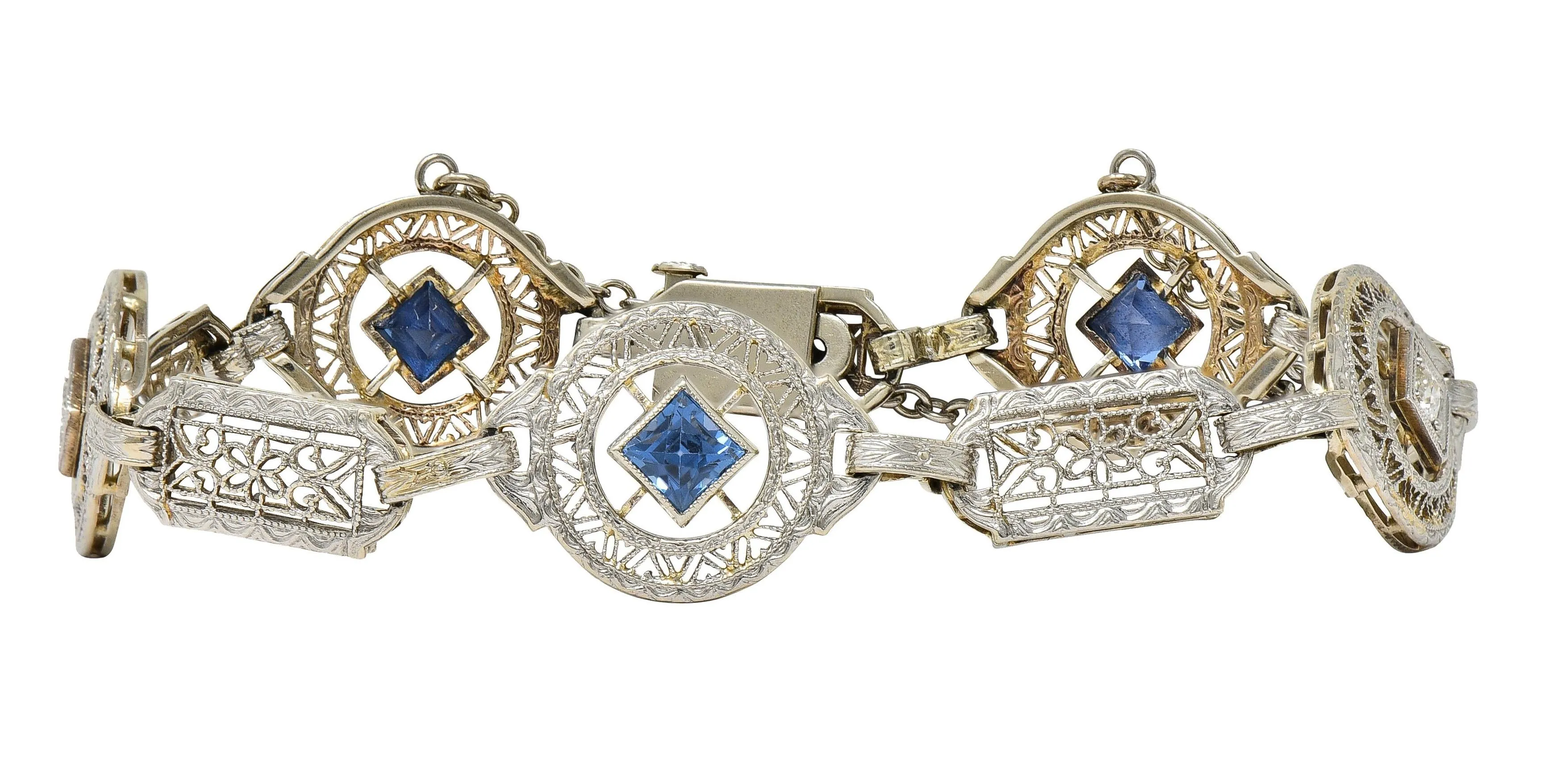 Art Deco 1.36 CTW Sapphire Diamond 14 Karat White Gold Vintage Heart Filigree Bracelet