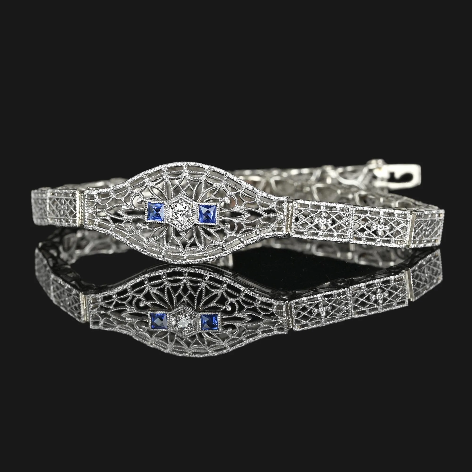 Art Deco 14K White Gold Filigree Sapphire Diamond Bracelet