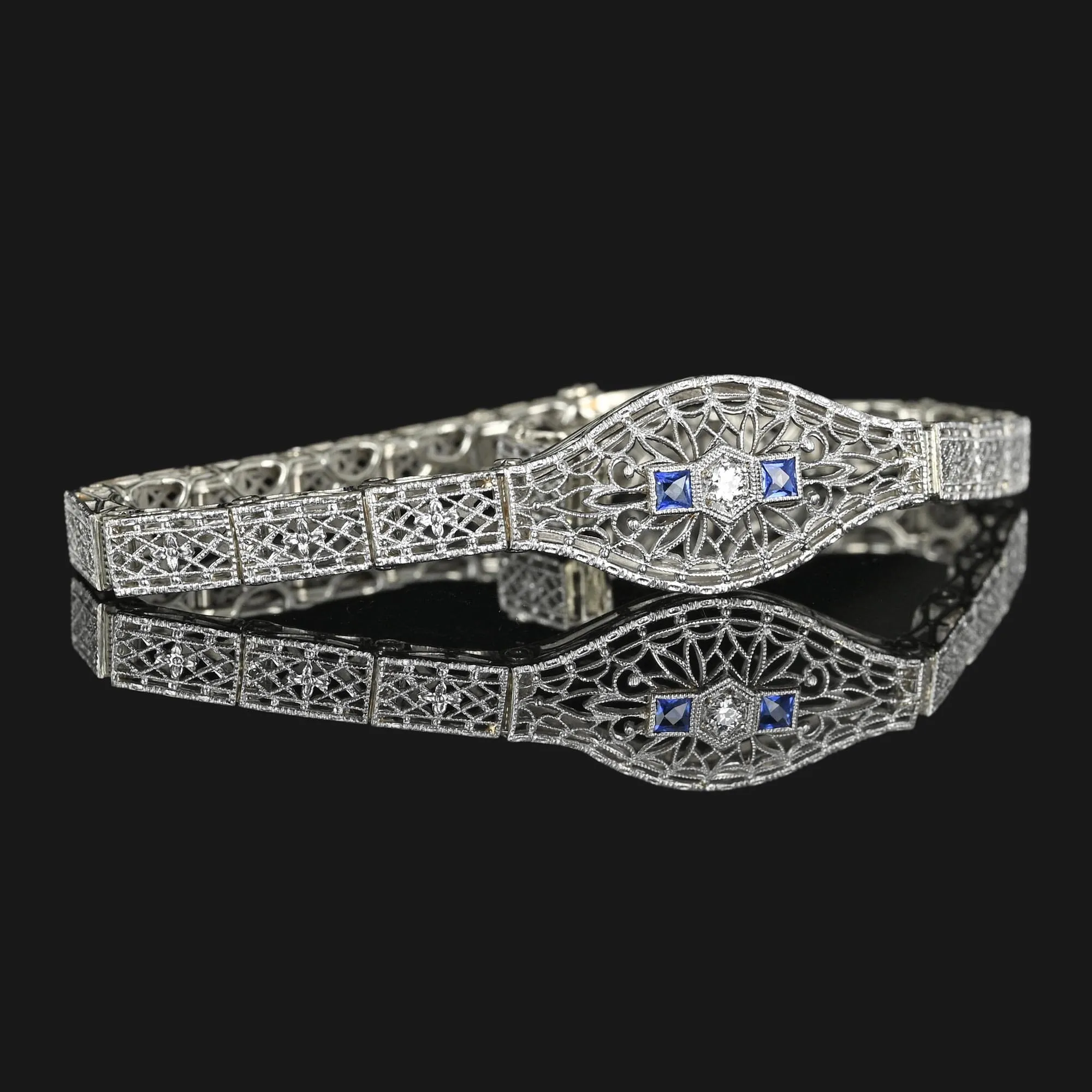 Art Deco 14K White Gold Filigree Sapphire Diamond Bracelet