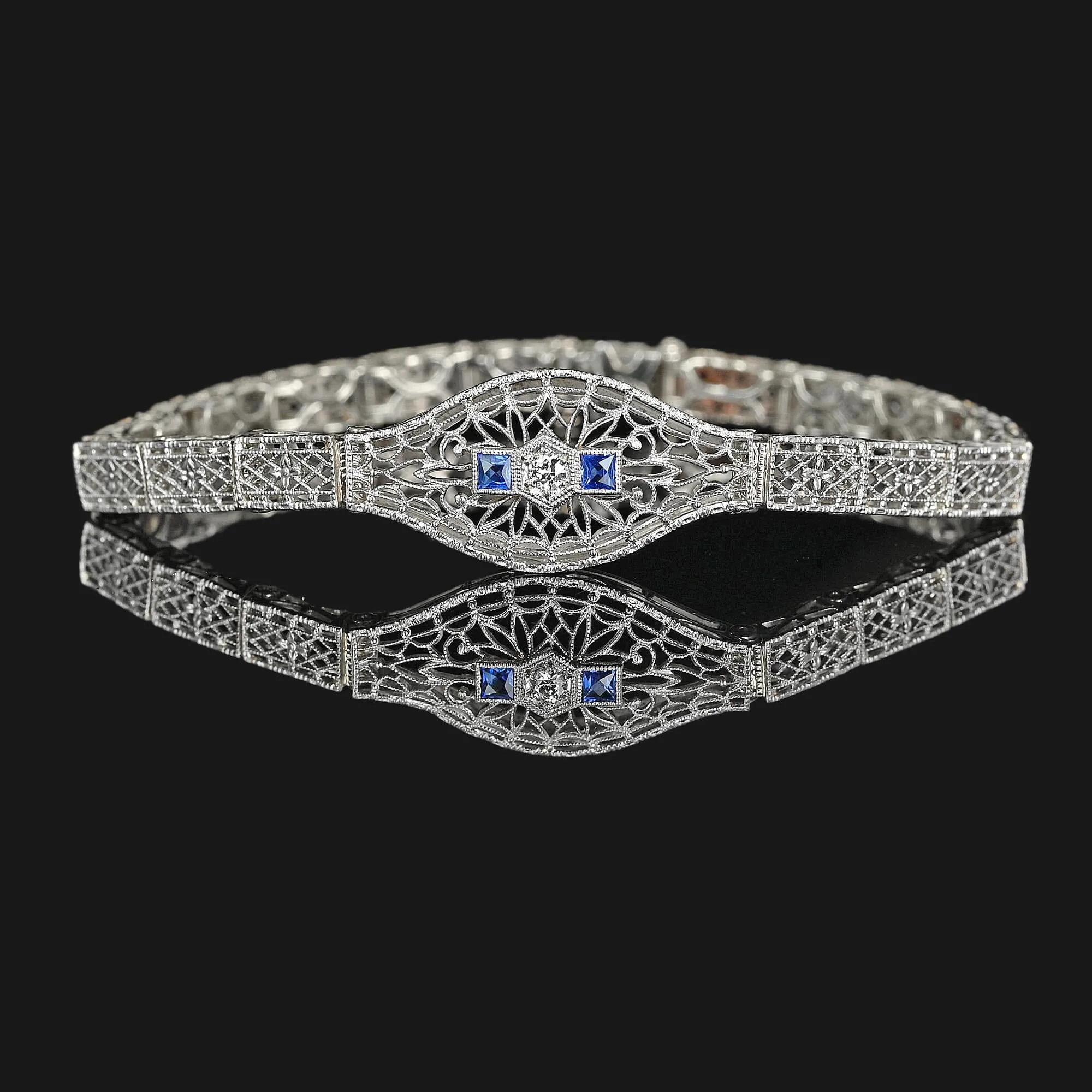 Art Deco 14K White Gold Filigree Sapphire Diamond Bracelet