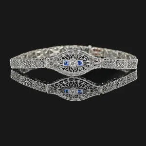 Art Deco 14K White Gold Filigree Sapphire Diamond Bracelet