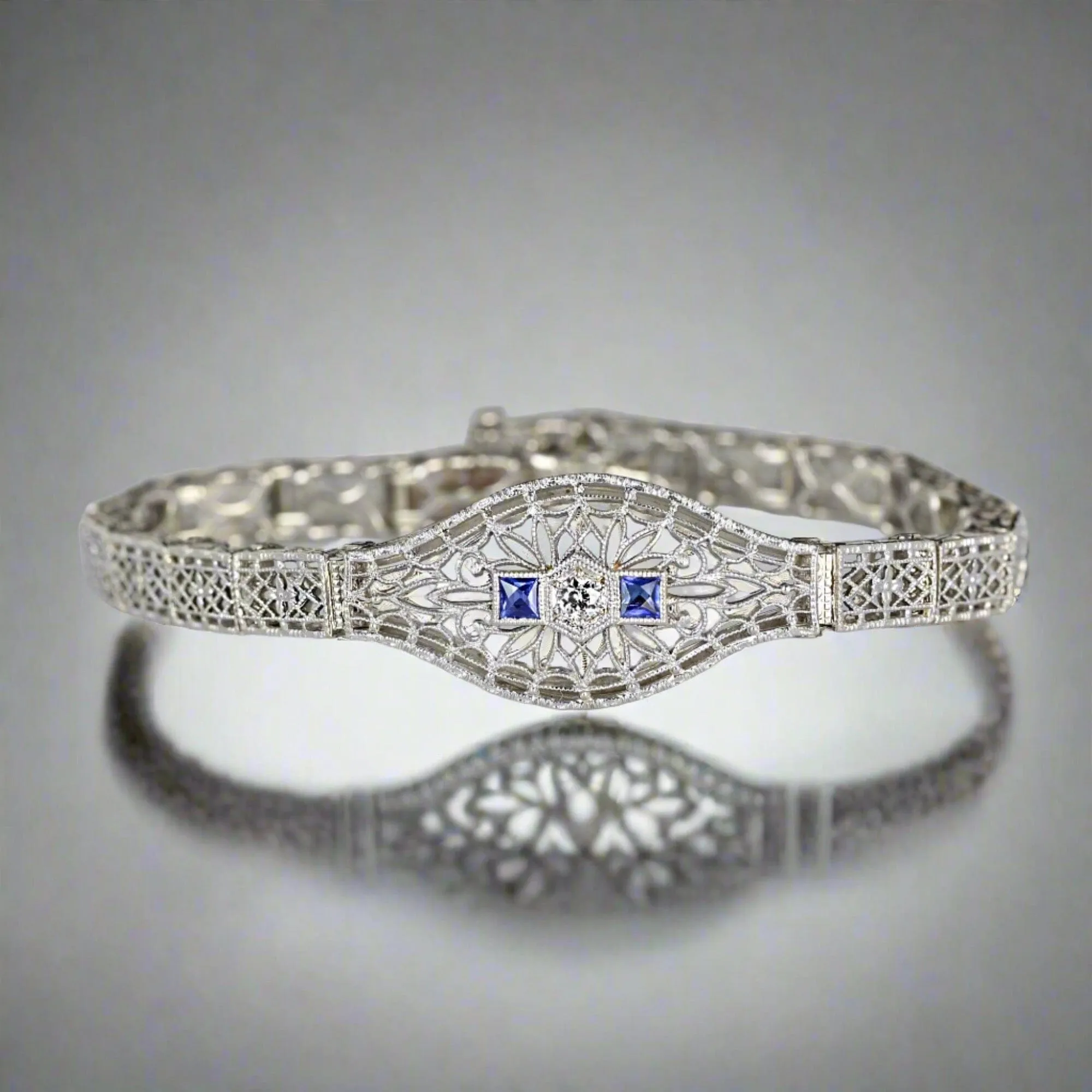 Art Deco 14K White Gold Filigree Sapphire Diamond Bracelet