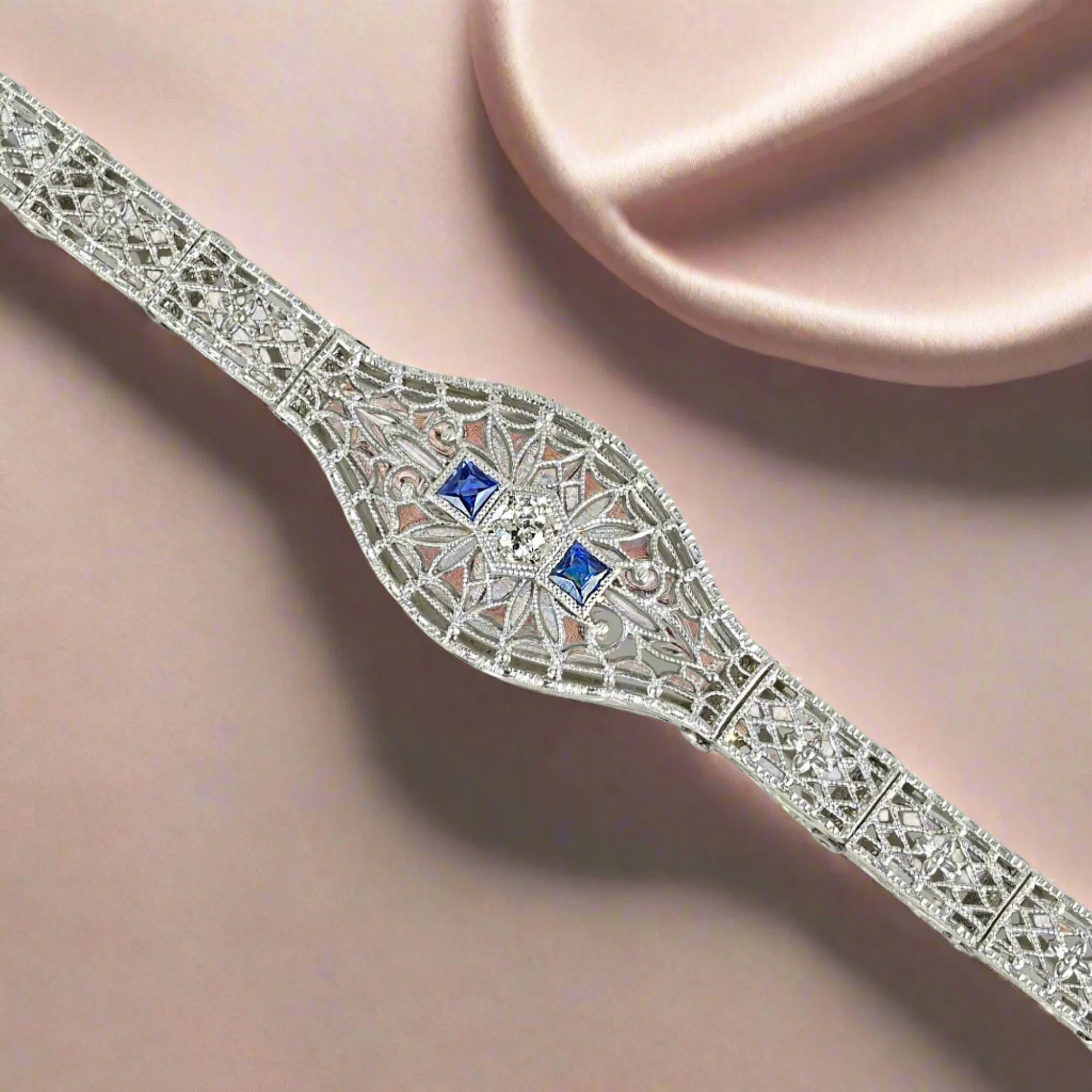 Art Deco 14K White Gold Filigree Sapphire Diamond Bracelet