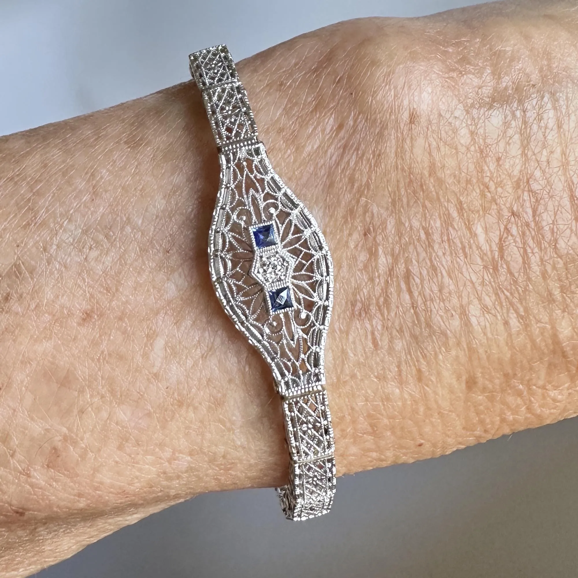 Art Deco 14K White Gold Filigree Sapphire Diamond Bracelet