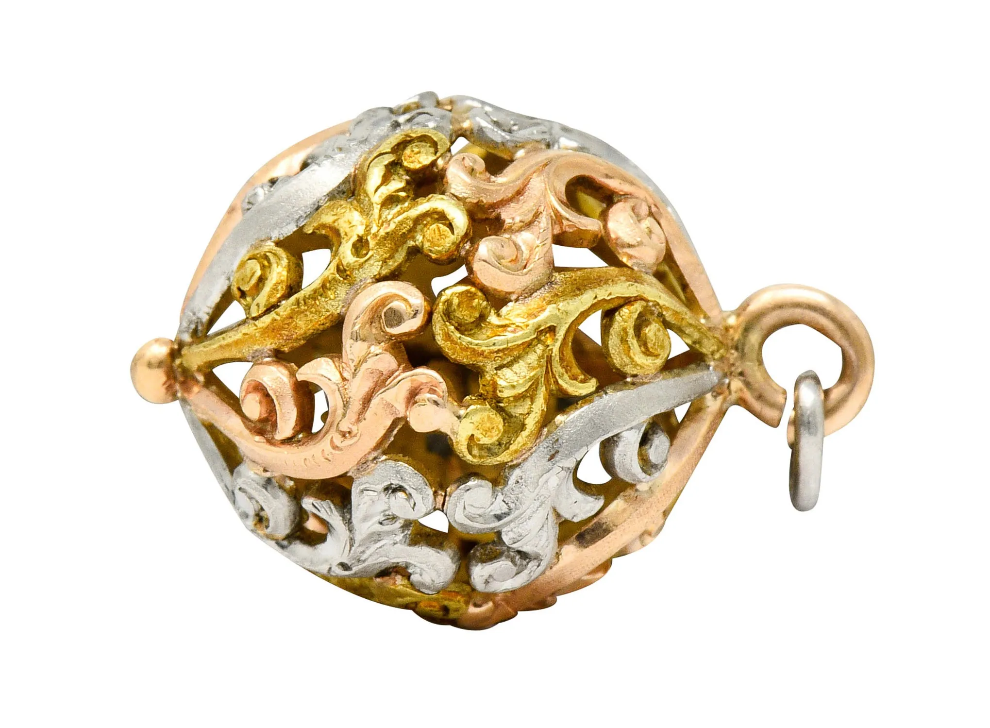 Art Nouveau 14 Karat Tri-Colored Gold Filigree Ball Charm