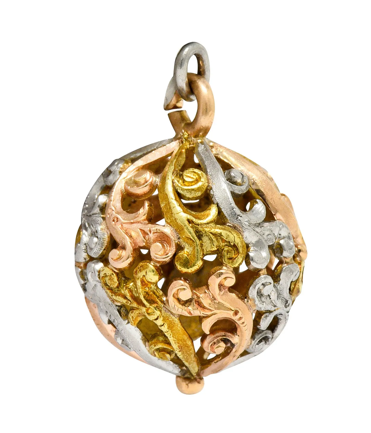 Art Nouveau 14 Karat Tri-Colored Gold Filigree Ball Charm