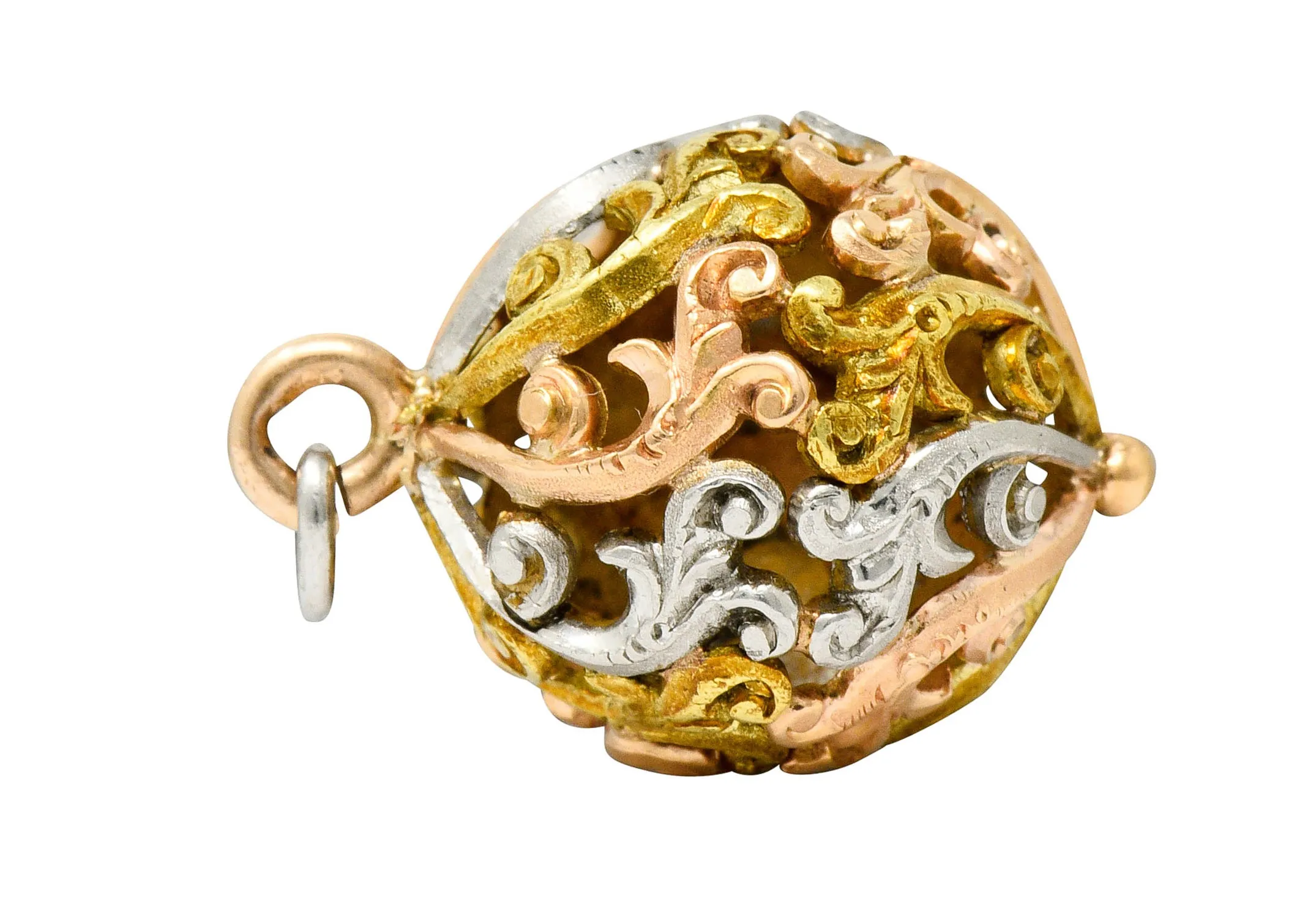 Art Nouveau 14 Karat Tri-Colored Gold Filigree Ball Charm