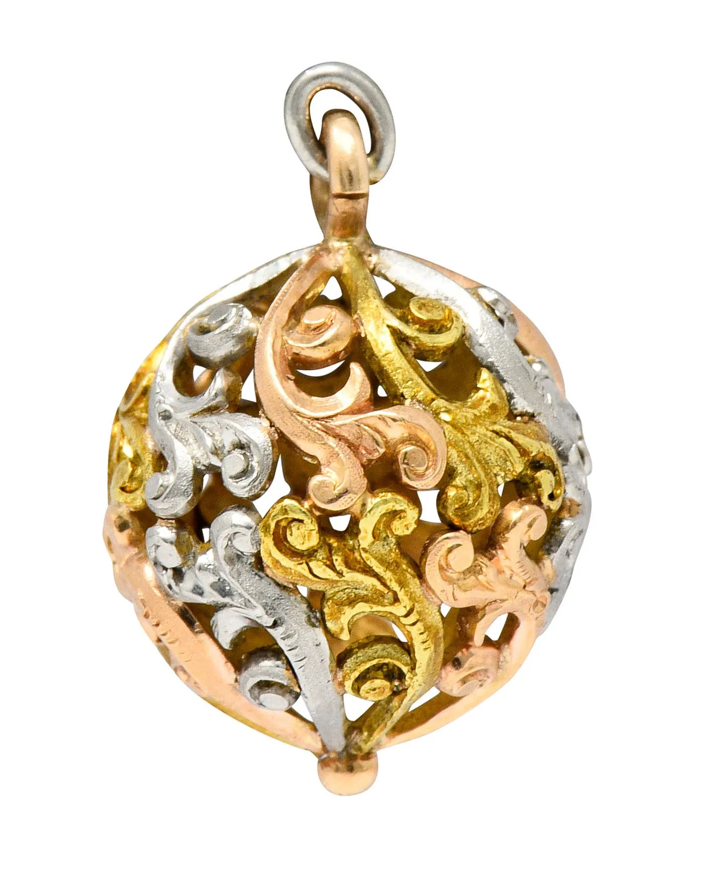 Art Nouveau 14 Karat Tri-Colored Gold Filigree Ball Charm