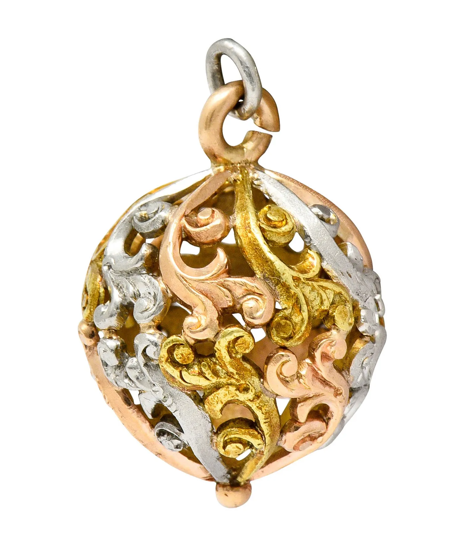 Art Nouveau 14 Karat Tri-Colored Gold Filigree Ball Charm