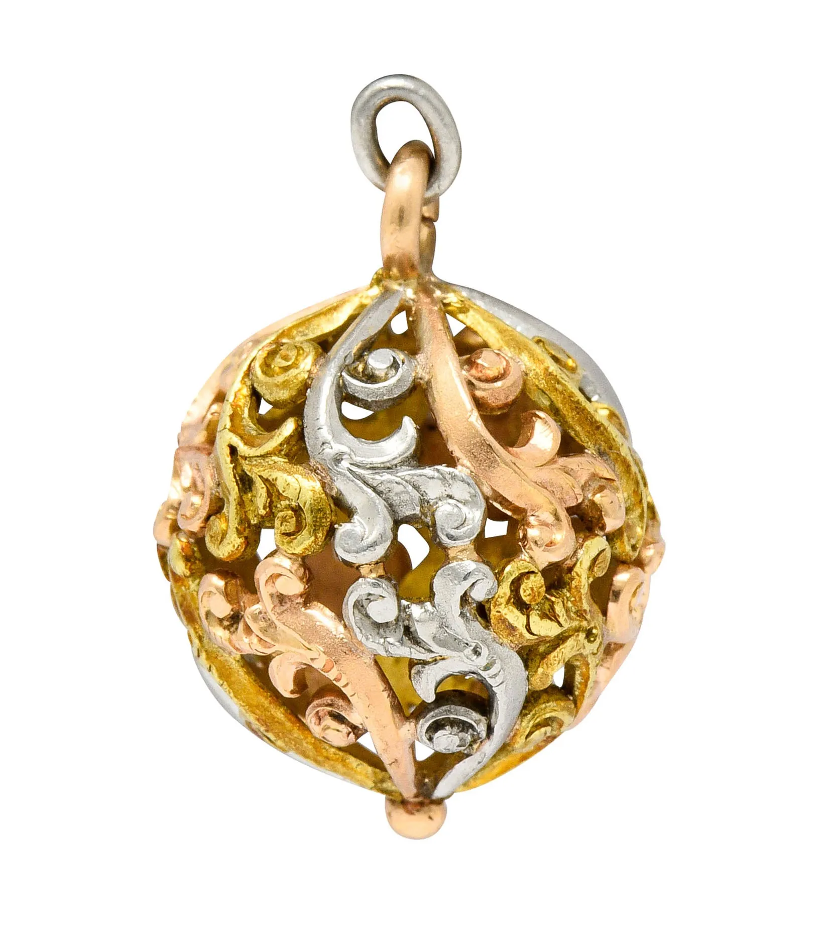 Art Nouveau 14 Karat Tri-Colored Gold Filigree Ball Charm