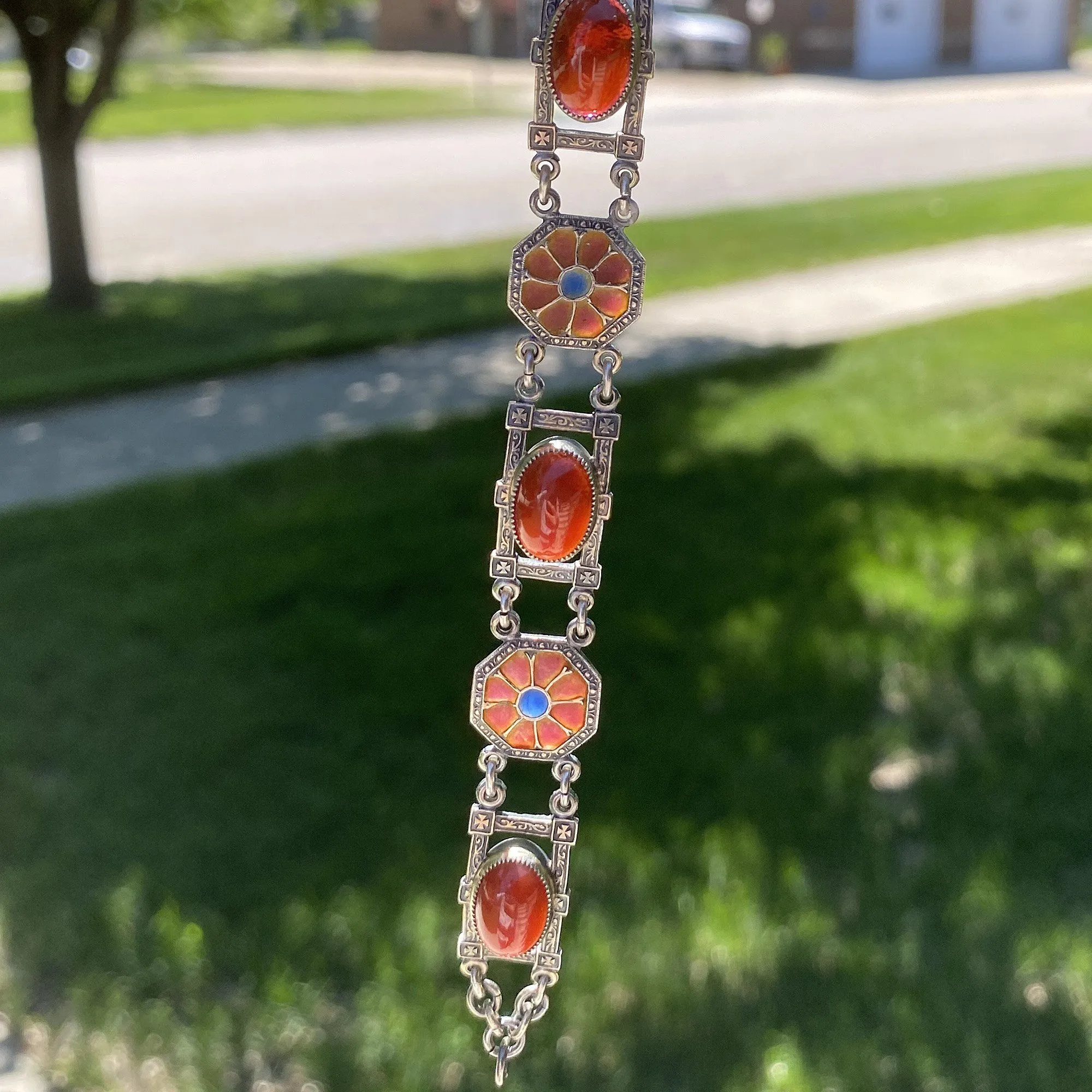 Art Nouveau Plique a Jour Silver Carnelian Bracelet