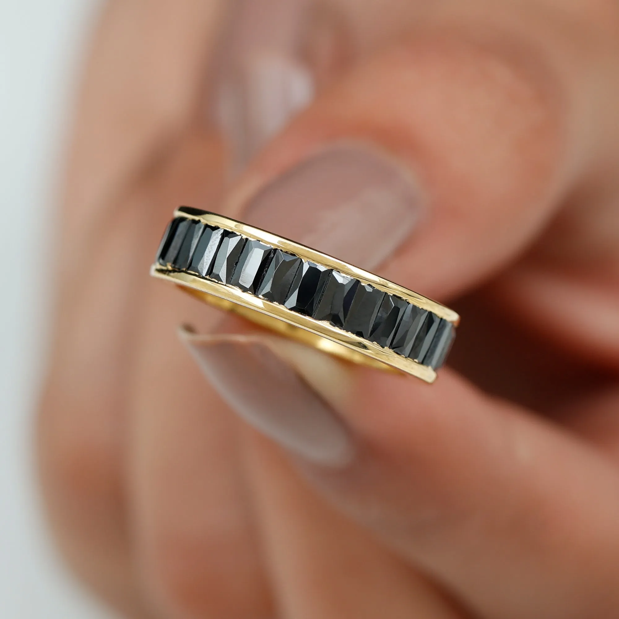 Baguette Cut Black Onyx Eternity Band Ring in Channel Setting