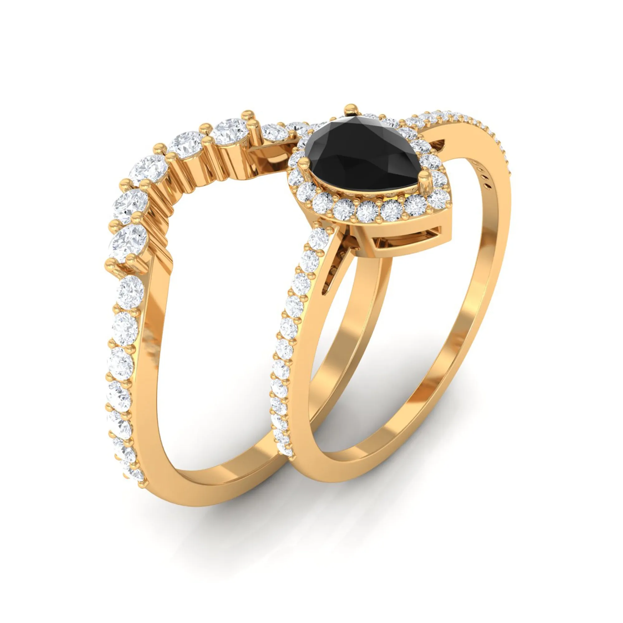 Black Onyx Teardrop Designer Ring Set with Moissanite