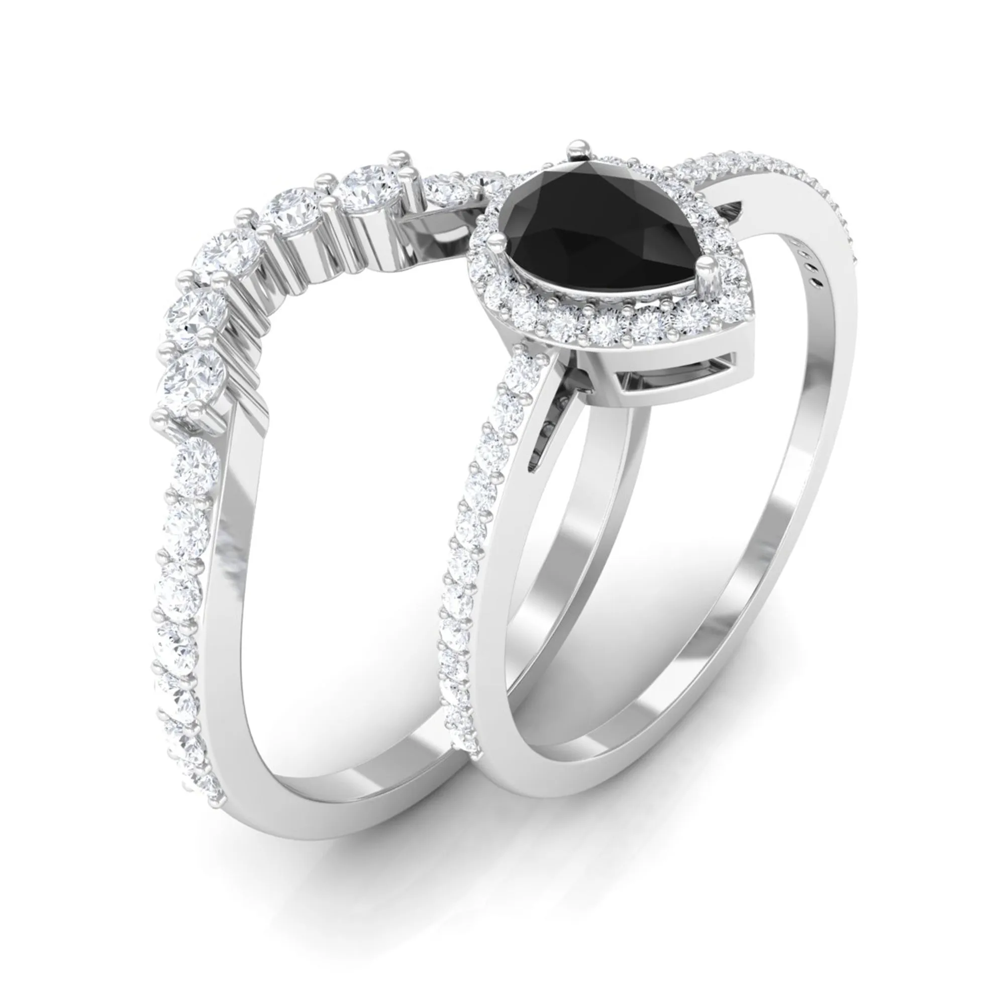 Black Onyx Teardrop Designer Ring Set with Moissanite