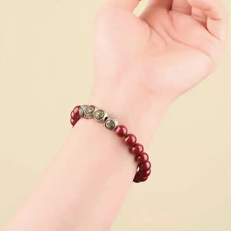 Buddha Stones 925 Sterling Silver Natural Cinnabar Four Beasts Blessing Bracelet