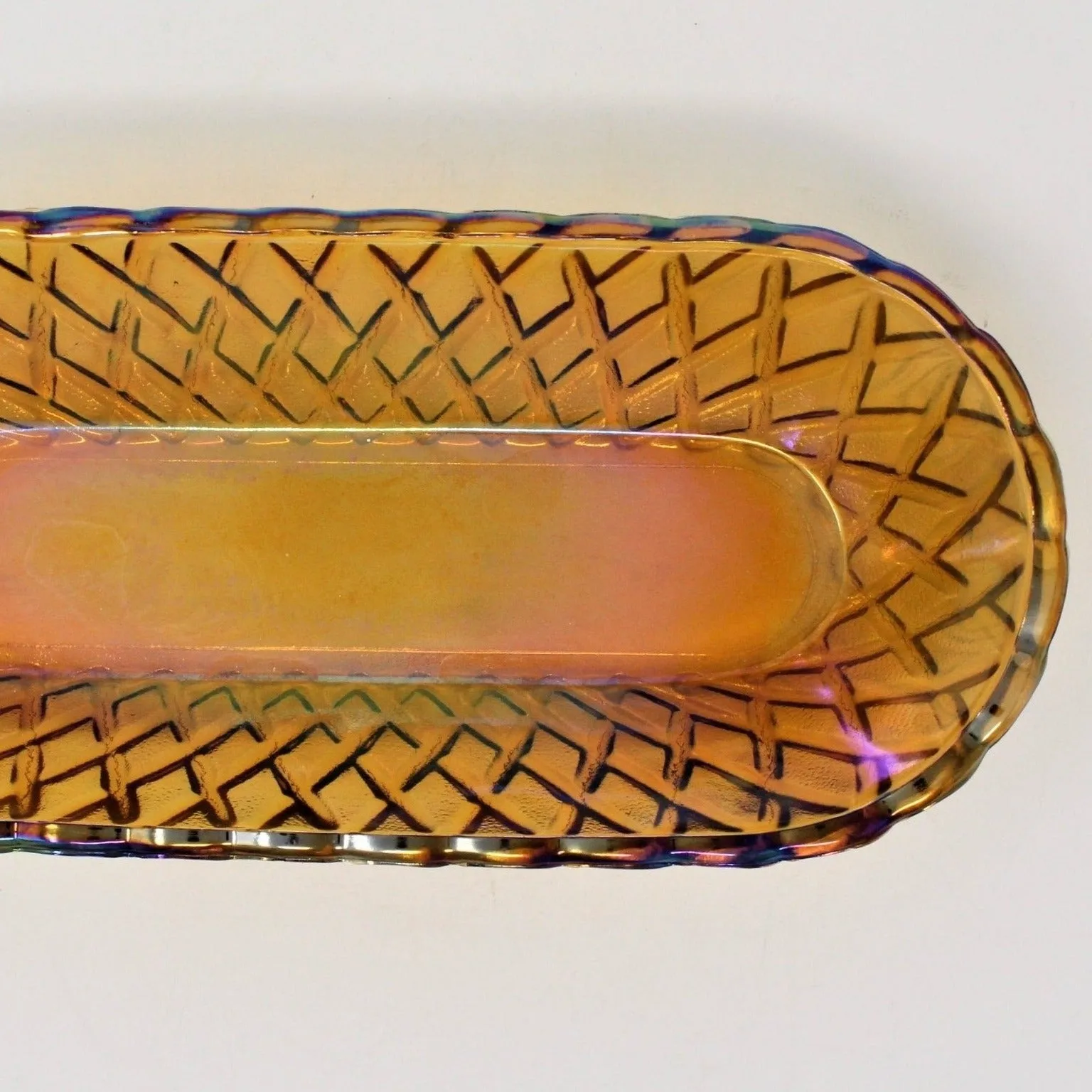 Celery Dish / Tray, Indiana Glass, Pretzel, Amber Carnival Iridescent, Vintage